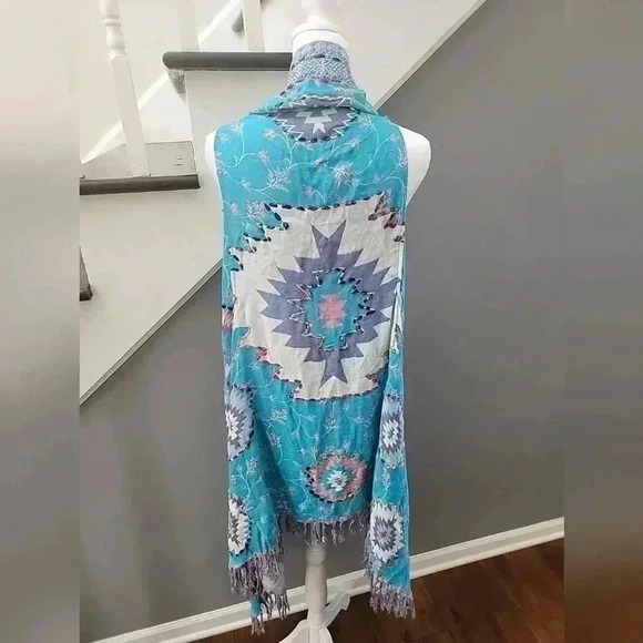 RAJ  Imports Turquoise Embroidered Vest Boho One Size Fringe India Molly Fringe - Picture 5 of 7